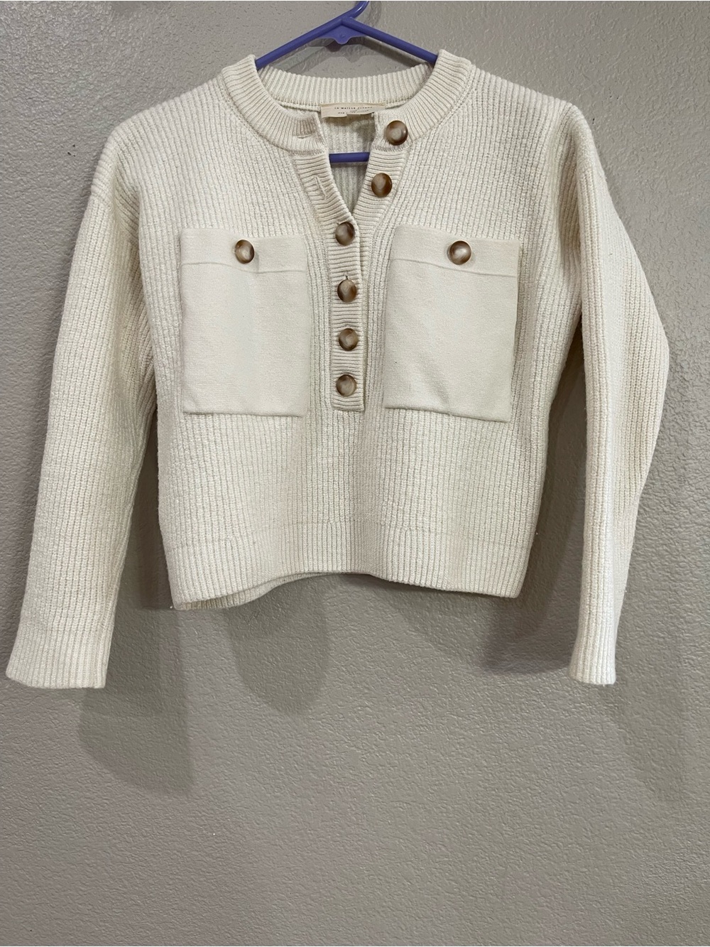 Sezane Eloi jumper cream crop sweater front pocket merino wool sweater women XS